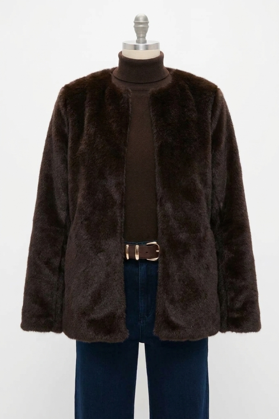 NEW LINE AND DOT crewneck faux fur jacket in dark brown